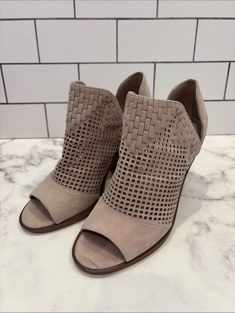Vince Camuto Woven Open-Toe Ankle Booties in Taupe
